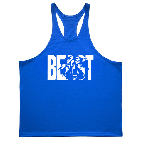 blue BEAST Graphic Fitness Stringer Tank Tops