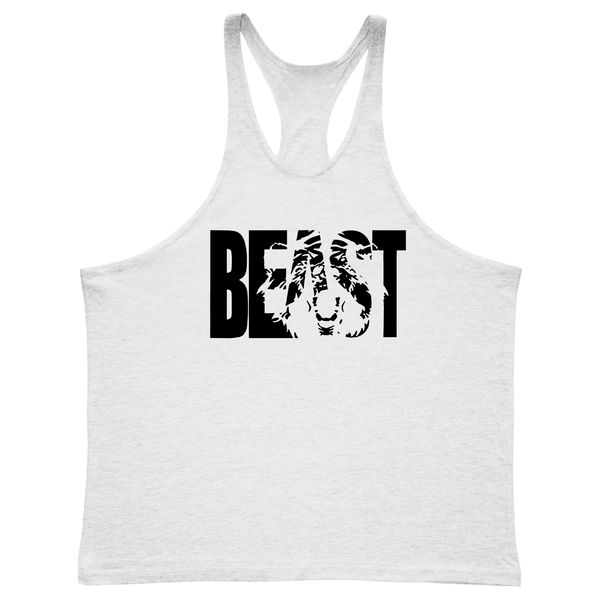 white BEAST Graphic Fitness Stringer Tank Tops
