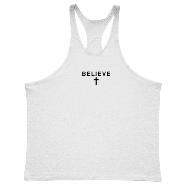 white BELIEVE Cross GYM Stringer Tank Tops