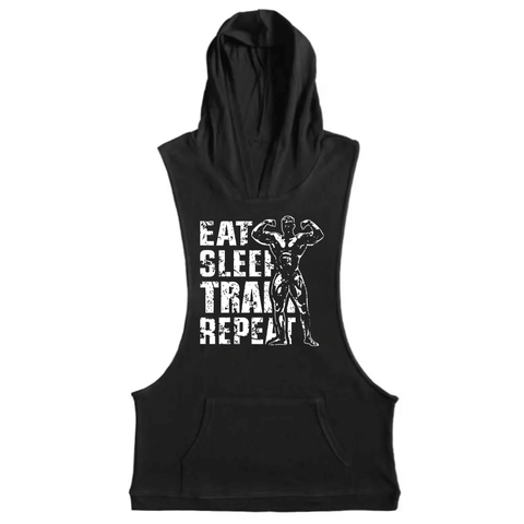 black Men's EAT SLEEP TRAIN REPEAT Graphic Hooded Tank Tops