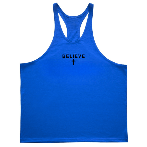 blue BELIEVE Cross GYM Stringer Tank Tops