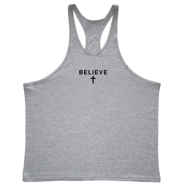 grey BELIEVE Cross GYM Stringer Tank Tops