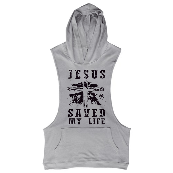 sport grey Men's JESUS SAVED MY LIFE Graphic Hooded Tank Tops