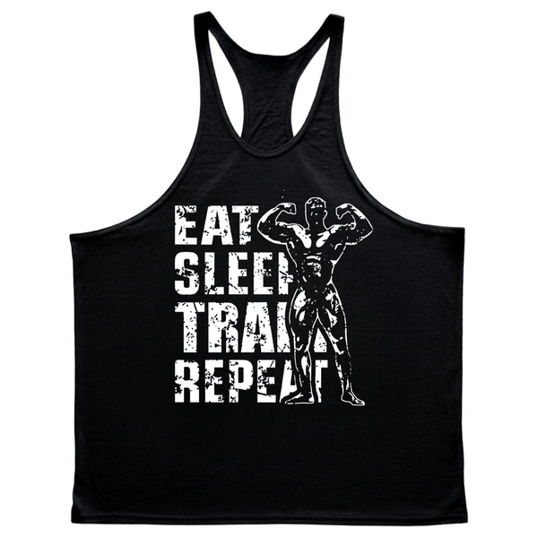 black EAT, SLEEP, TRAIN, REPEAT Graphic Stringer Tank Tops