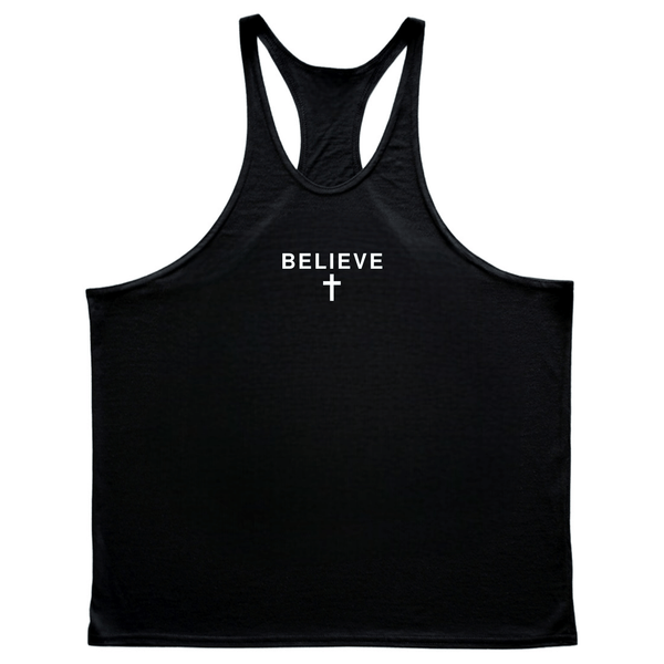 black BELIEVE Cross GYM Stringer Tank Tops