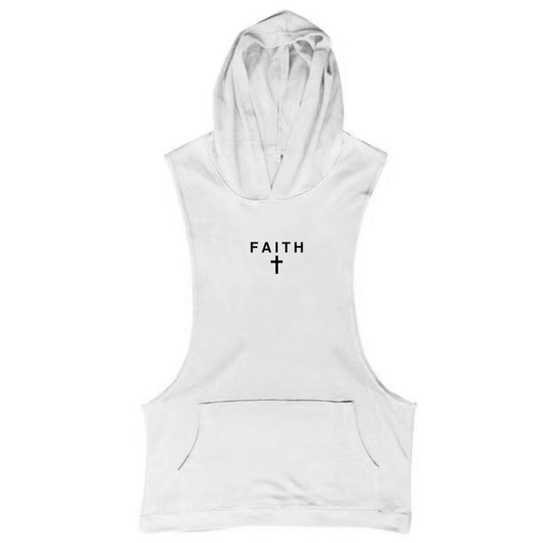 white FAITH Cross Workout Sleeveless Hoodie Tank Tops