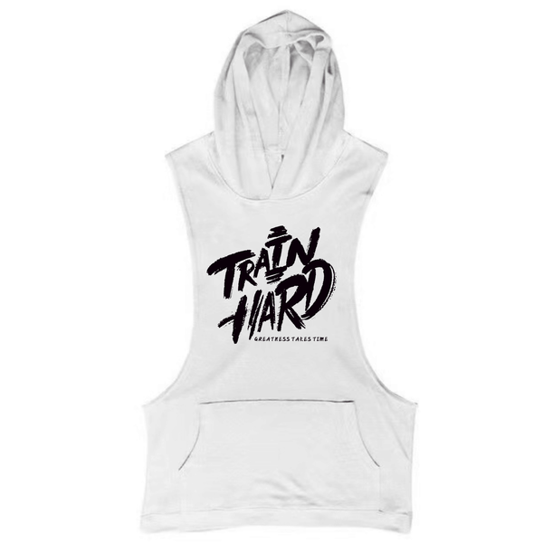 white TRAIN IT HARD Workout Sleeveless Hoodie Tank Tops