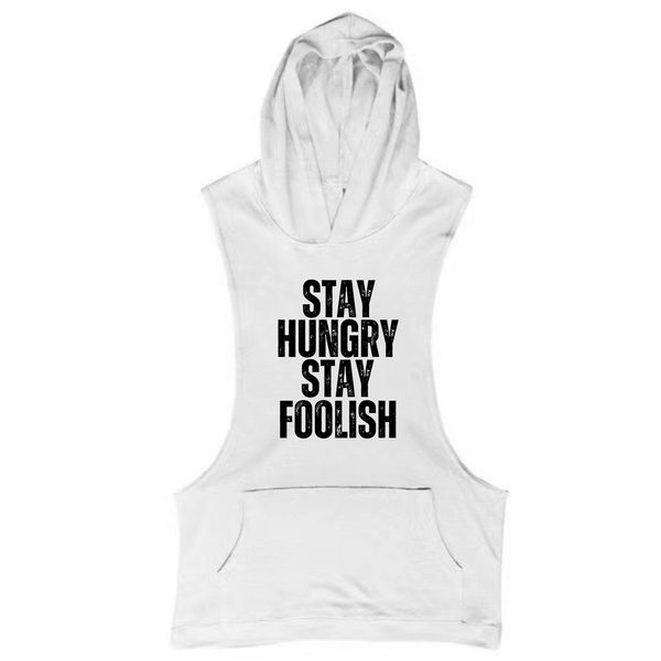 WHITE Men's STAY HUNGRY STAY FOOLISH Hooded Tank Tops