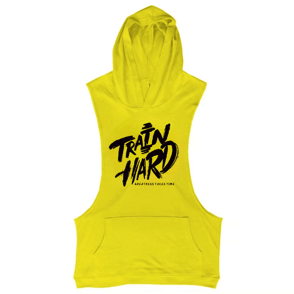 yellow TRAIN IT HARD Workout Sleeveless Hoodie Tank Tops