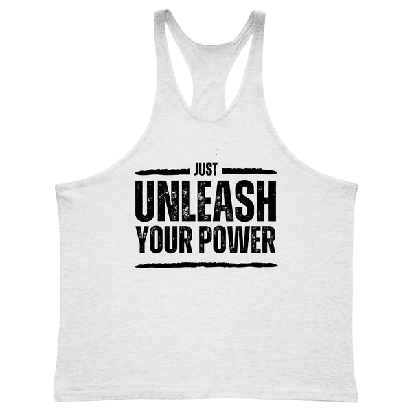 white Men's JUST UNLEASH YOUR POWER Gym Stringer Tank Tops
