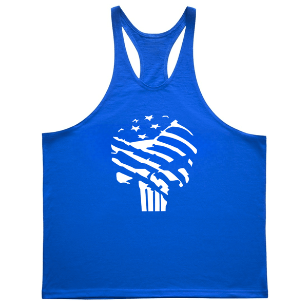 blue Graphic Running Gym Stringer Tank Tops