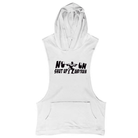 white SHUT UP AND TRAIN GYM Sleeveless Hoodies