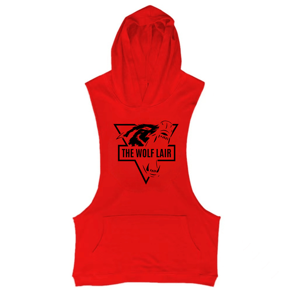 red THE WOLF LAIR Graphic Workout Hooded Tank Tops