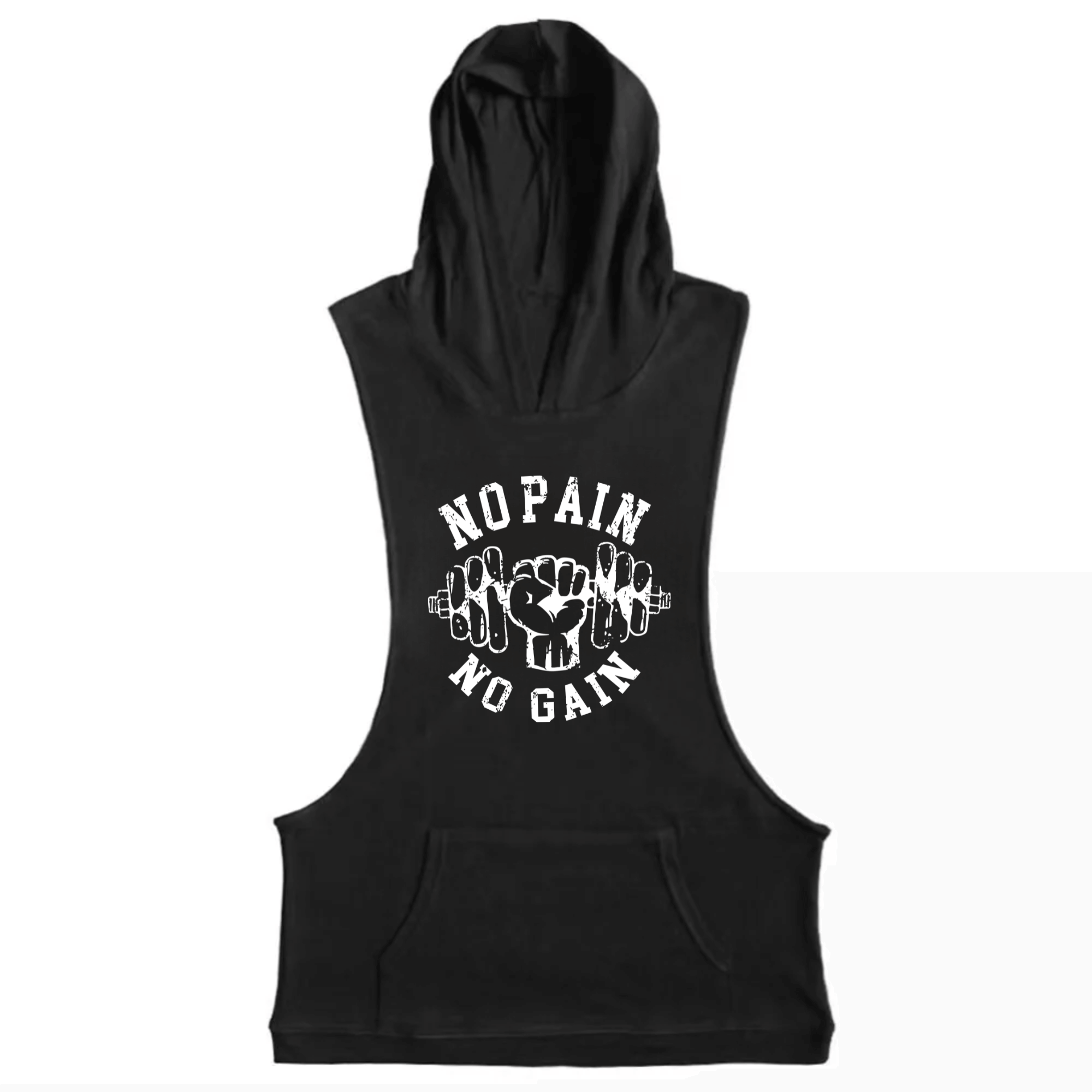 black Men's NO PAIN NO GAIN Graphic Hooded Tank Tops