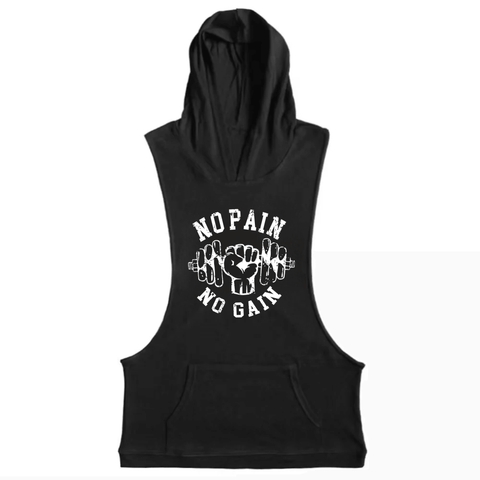 black Men's NO PAIN NO GAIN Graphic Hooded Tank Tops