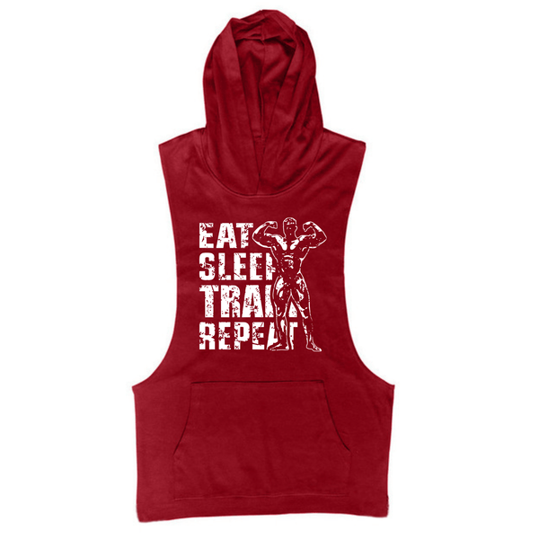 wine red Men's EAT SLEEP TRAIN REPEAT Graphic Hooded Tank Tops