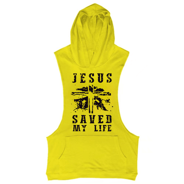 yellow Men's JESUS SAVED MY LIFE Graphic Hooded Tank Tops