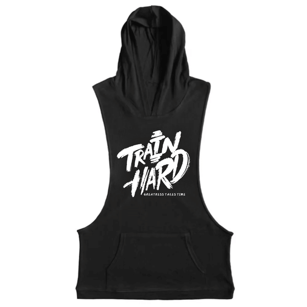 black TRAIN IT HARD Workout Sleeveless Hoodie Tank Tops