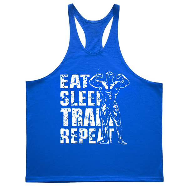 blue EAT, SLEEP, TRAIN, REPEAT Graphic Stringer Tank Tops