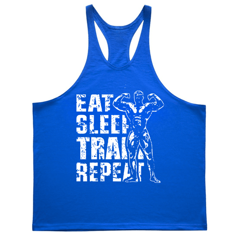 blue EAT, SLEEP, TRAIN, REPEAT Graphic Stringer Tank Tops