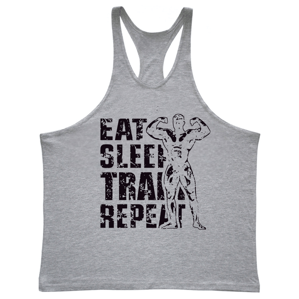 grey EAT, SLEEP, TRAIN, REPEAT Graphic Stringer Tank Tops