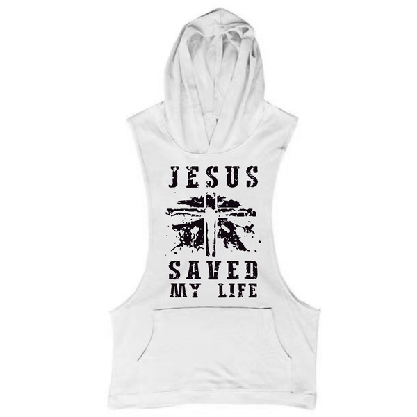 white Men's JESUS SAVED MY LIFE Graphic Hooded Tank Tops