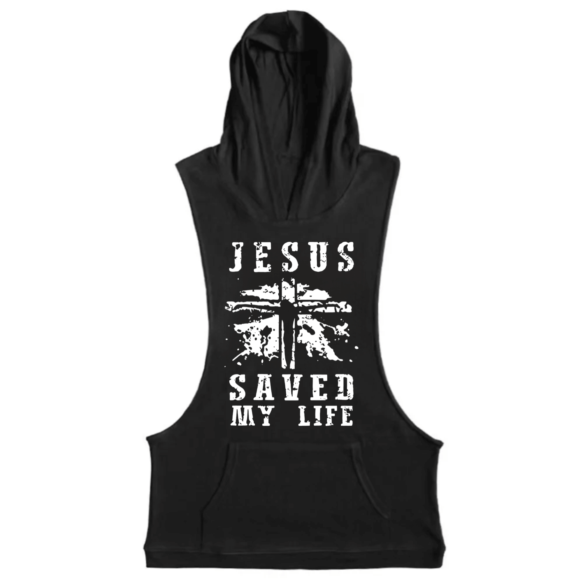 black Men's JESUS SAVED MY LIFE Graphic Hooded Tank Tops