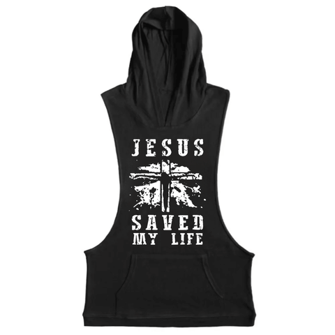 black Men's JESUS SAVED MY LIFE Graphic Hooded Tank Tops