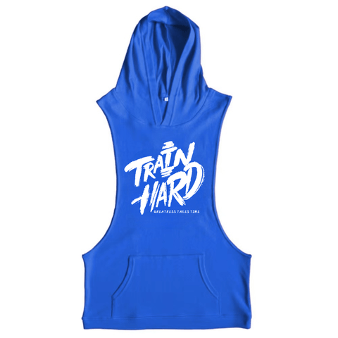 blue TRAIN IT HARD Workout Sleeveless Hoodie Tank Tops