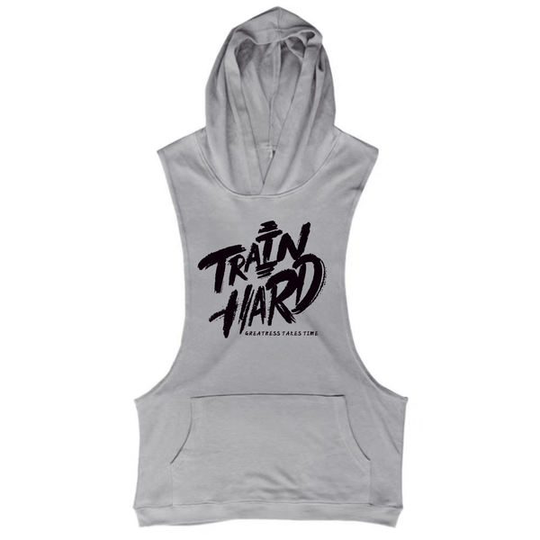 grey TRAIN IT HARD Workout Sleeveless Hoodie Tank Tops