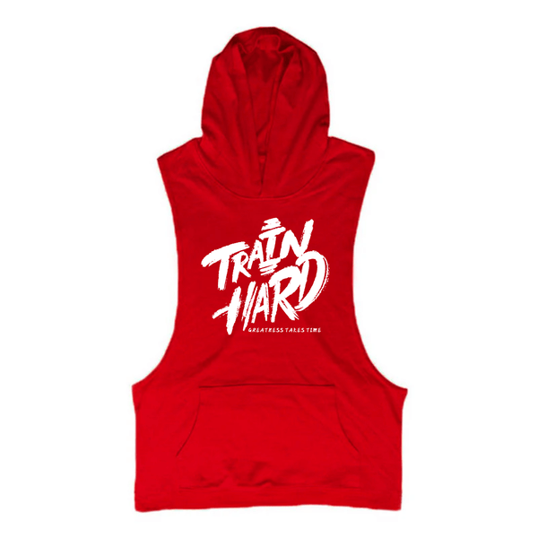 red TRAIN IT HARD Workout Sleeveless Hoodie Tank Tops
