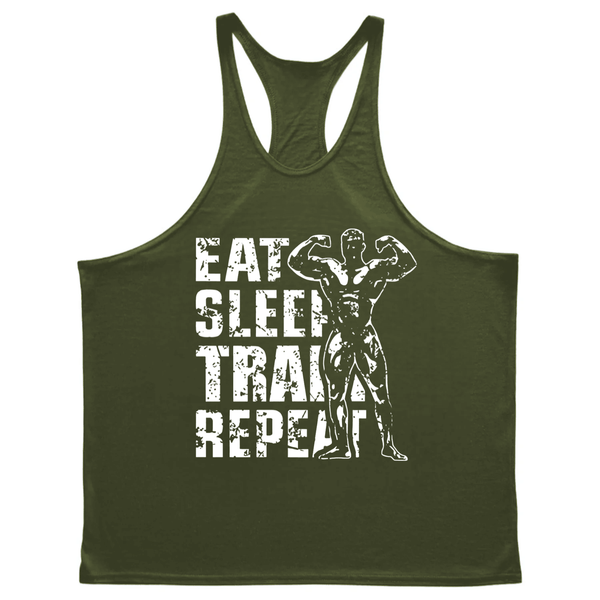 navy green EAT, SLEEP, TRAIN, REPEAT Graphic Stringer Tank Tops