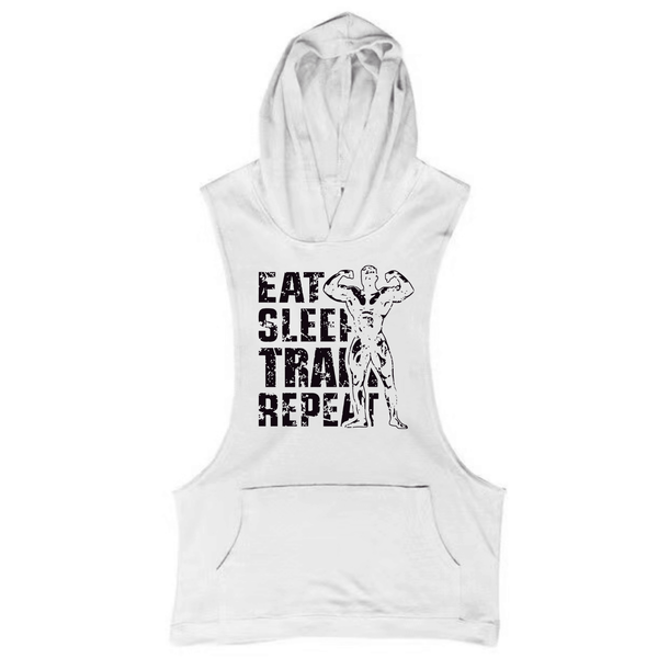 white Men's EAT SLEEP TRAIN REPEAT Graphic Hooded Tank Tops