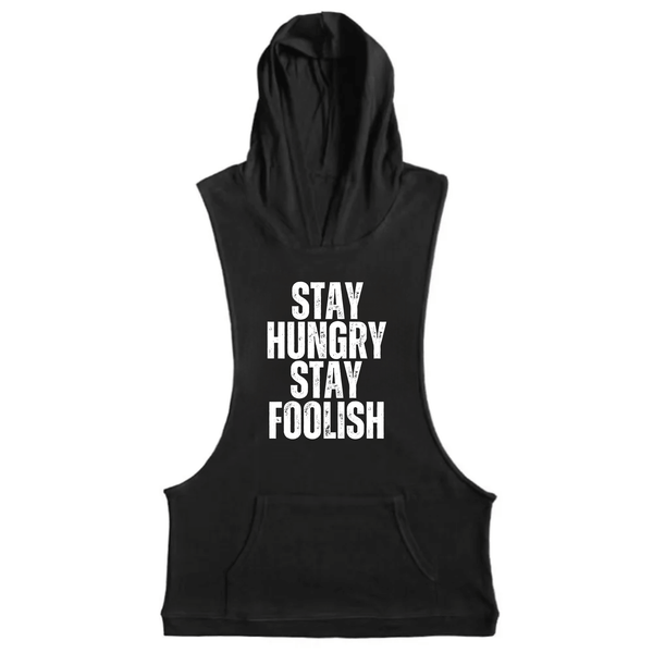 BLACK Men's STAY HUNGRY STAY FOOLISH Hooded Tank Tops