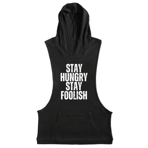 BLACK Men's STAY HUNGRY STAY FOOLISH Hooded Tank Tops