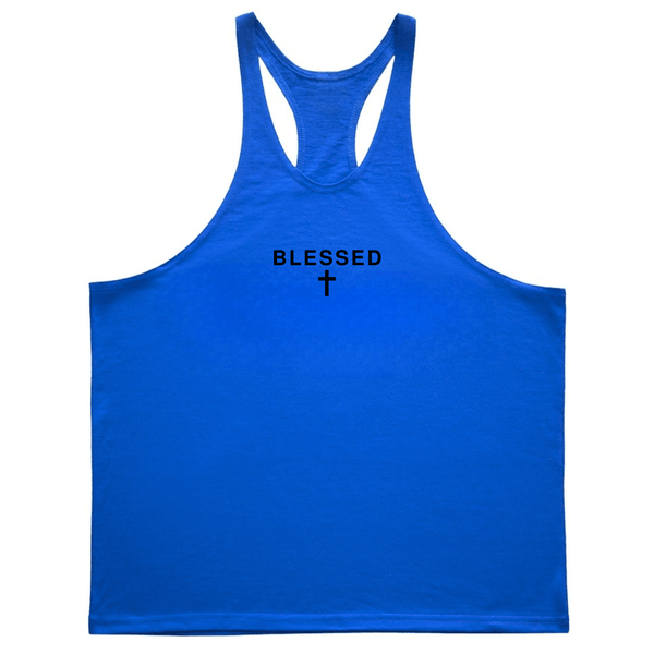 blue BLESSED Cross Bodybuilding Stringer Tank Tops
