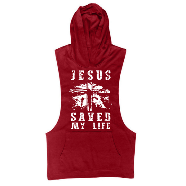 wine red Men's JESUS SAVED MY LIFE Graphic Hooded Tank Tops