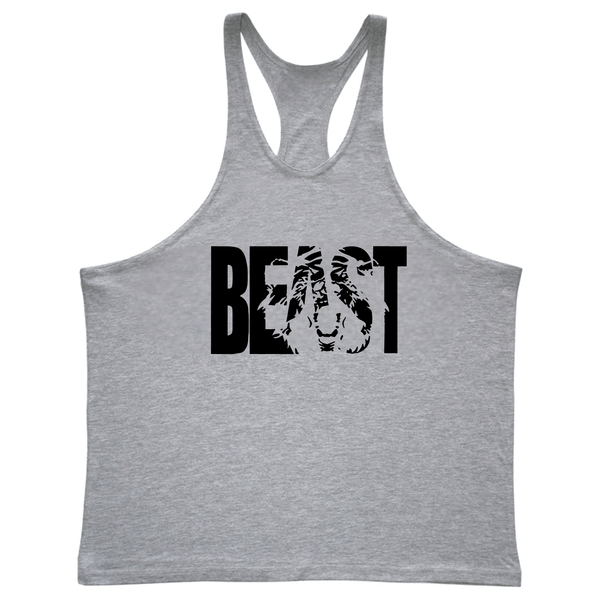 grey BEAST Graphic Fitness Stringer Tank Tops