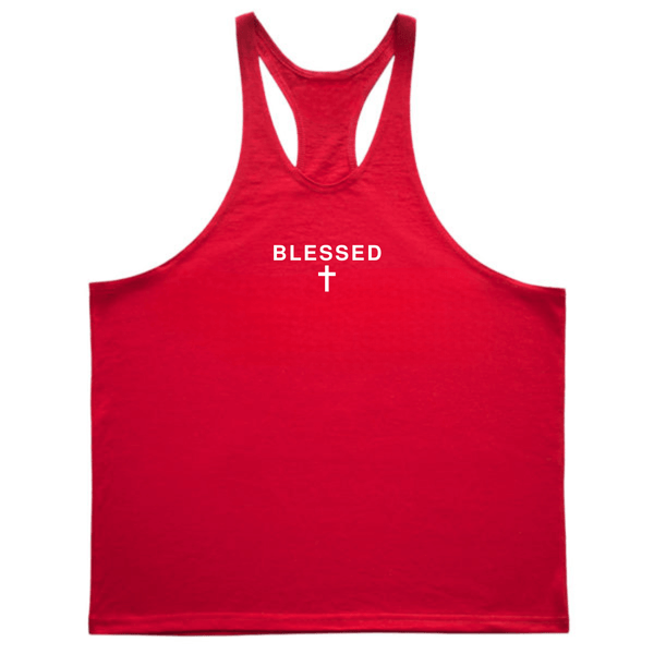 red BLESSED Cross Bodybuilding Stringer Tank Tops