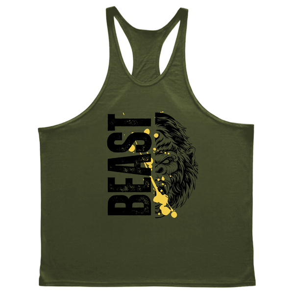 navy green Men's BEAST Graphic Gym Stringer Tank Tops