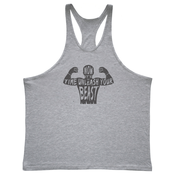 grey BEAST MODE Graphic Stringer Tank Tops for Working out