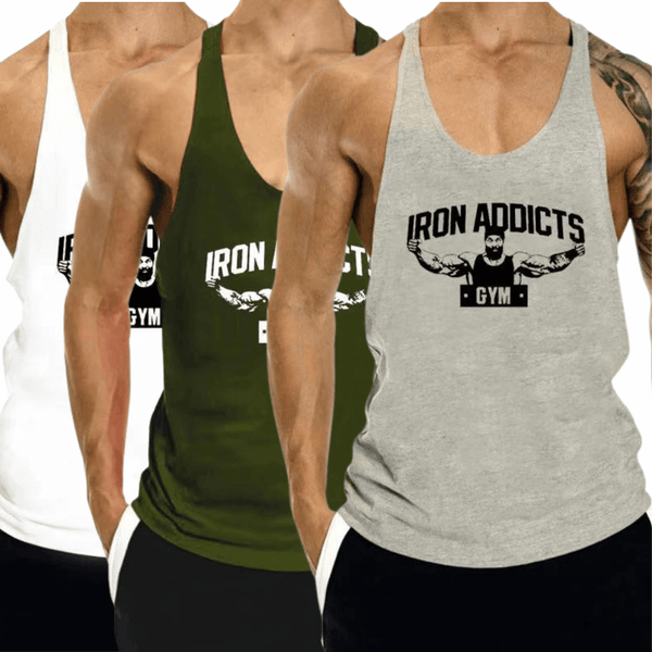 3 PACK IRON ADDICT Printed Workout GYM Tank Top