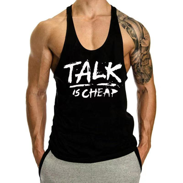 TALK IS CHEAP Printed Motivational Work Out Stringer Tank Tops