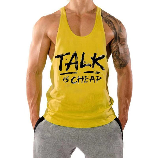 TALK IS CHEAP Printed Motivational Work Out Stringer Tank Tops