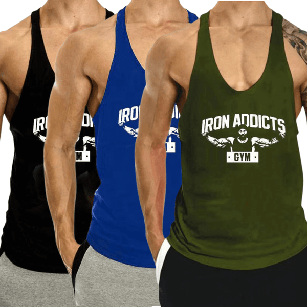 3 PACK IRON ADDICT Printed Workout GYM Tank Top