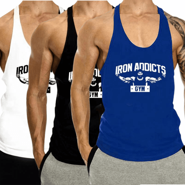 3 PACK IRON ADDICT Printed Workout GYM Tank Top