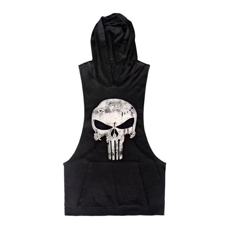 black Men's Skull Graphic Hoodie Tank Tops for GYM