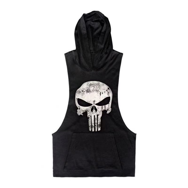 black Men's Skull Graphic Hoodie Tank Tops for GYM