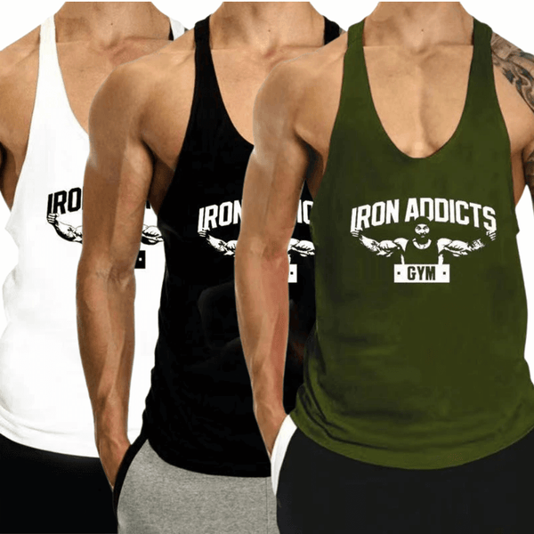 3 PACK IRON ADDICT Printed Workout GYM Tank Top