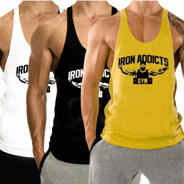 3 PACK IRON ADDICT Printed Workout GYM Tank Top